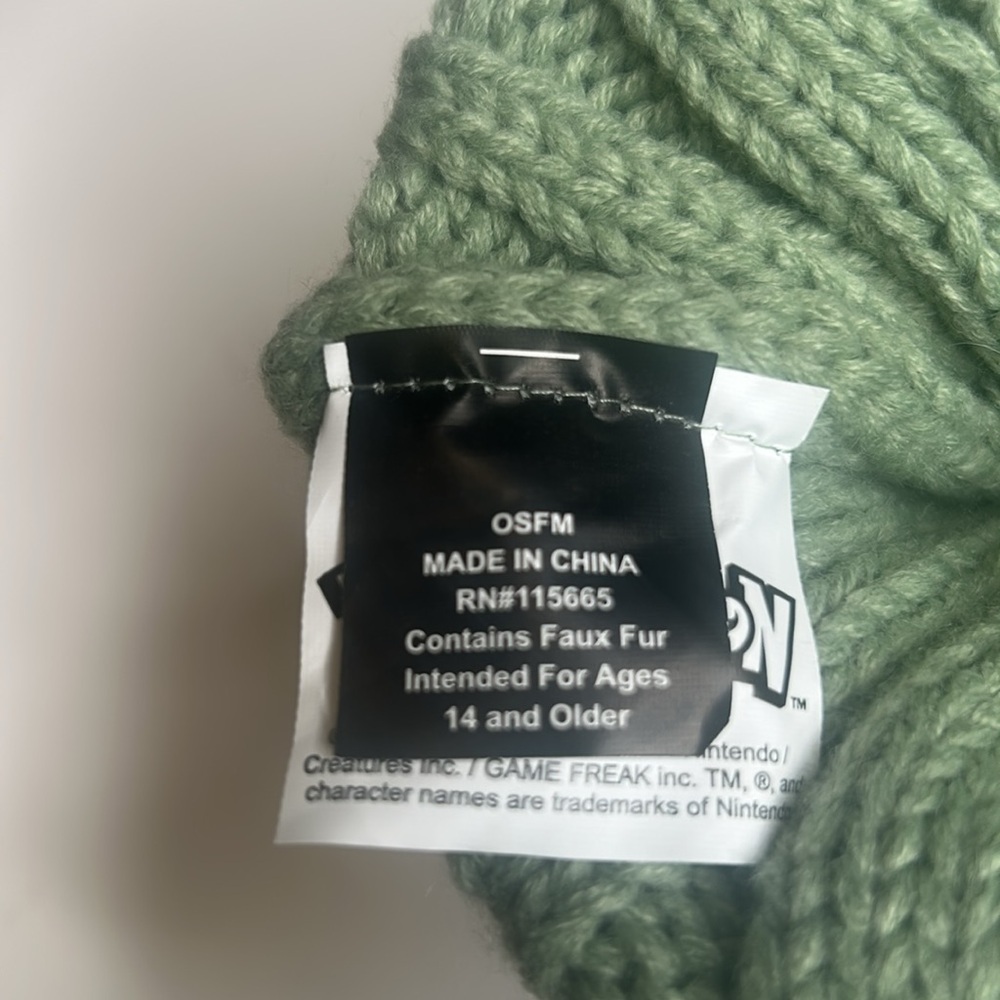 Youth Pokémon Pikachu Green and White Cable Knit Beanie with Pom Pom, Sz. OSFM - Picture 8 of 8